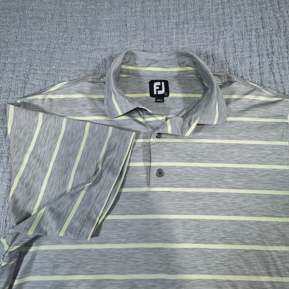 EUC FootJoy Performance Golf Polo Mens Large Striped Wicking Gray Yellow FJ Logo